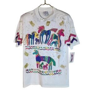 K.W.B.L. Los Angeles Vintage Hand Painted Western Horses Neon Top NWT 90's 1990